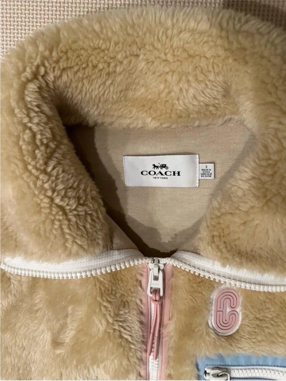 Coach 4584 Sherpa Fleece Zip Jacket, Colorblock Trim Retro Oval C Logo Gorpcore